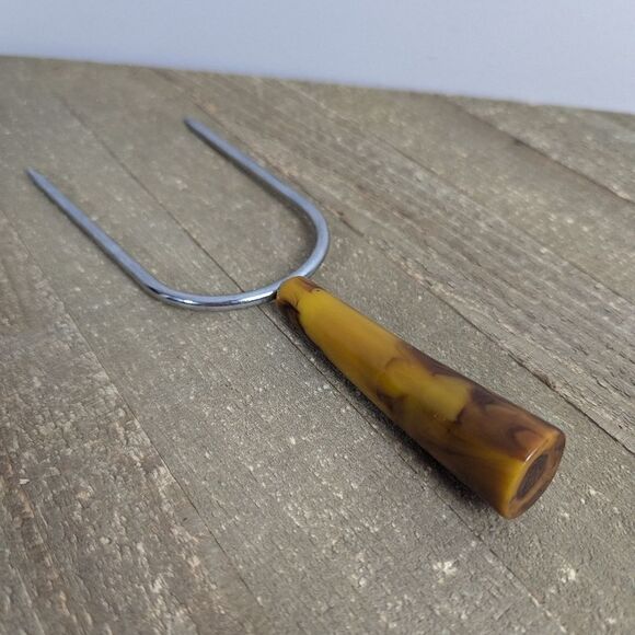 Bakelite handle 2 prong meat fork, mid century modern carving fork - Picture 4 of 6